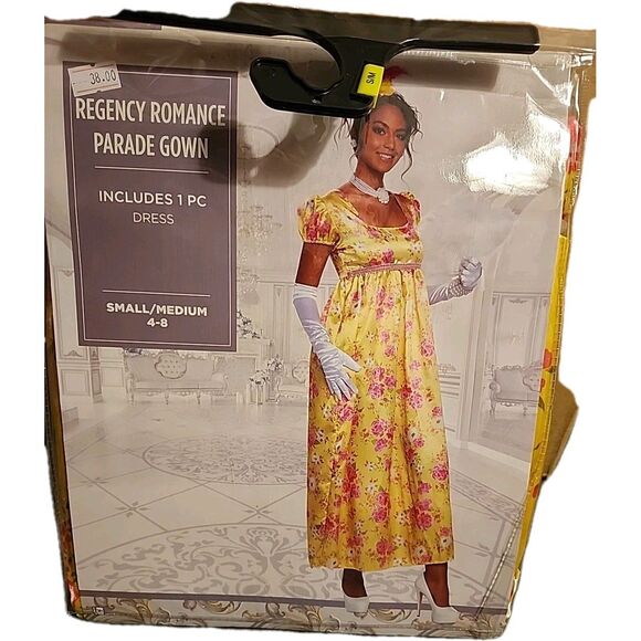 Regency Romance Parade Gown Bridgerton Costume Yellow Pink Floral Women's S/M - Picture 1 of 6